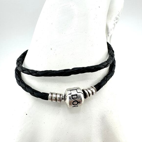 Pandora 925 Sterling Silver Black Braided Leather Wrap Charm 14.5” Bracelet - Picture 1 of 8